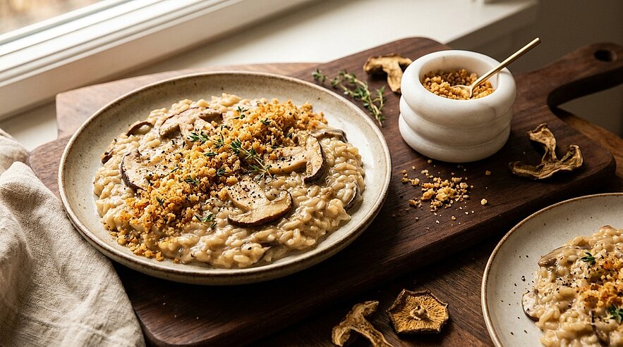Cremiges Pilzrisotto in flachem Teller, mit Pilzscheiben, knusprigen Brotkrumen und Thymian garniert; daneben kleine Schale mit zusätzlichen Bröseln auf einem Holzbrett.