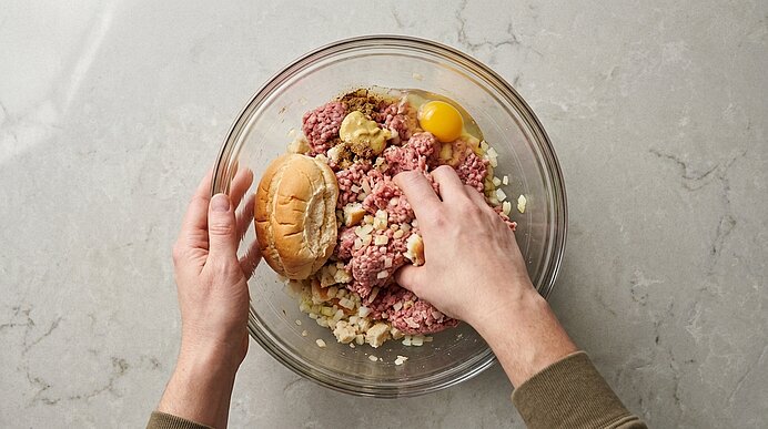 Zwei Hände mischen in einer Glasschüssel Hackfleisch mit gehackten Zwiebeln, Ei und einem zerbröselten Brötchen.