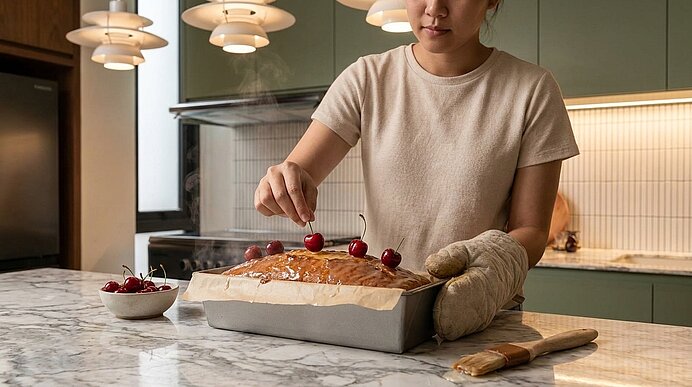 Person legt Kirschen auf einen glasierten Kastenkuchen in einer Backform auf der Küchenarbeitsfläche.