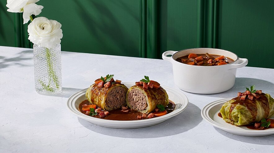 Halbierte Kohlroulade mit Hackfleischfüllung, serviert in dunkler Bratensoße mit Speckwürfeln und Petersilie; daneben eine ganze Roulade auf kleinem Teller und ein Topf mit zusätzlicher Soße.