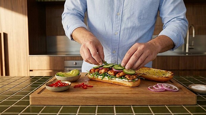 Zwei Hände einer Person belegen ein aufgeschnittenes Baguette auf einem Schneidebrett mit Salat, Gurkenscheiben, Avocadoscheiben und gegrillten Fleischscheiben; daneben Schälchen mit Paprika und roten Zwiebelringen, Küchenarbeitsfläche im Hintergrund.