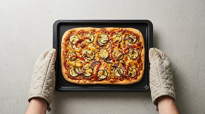 Zwei Hände in Ofenhandschuhen halten ein schwarzes Backblech mit gebackener Gemüsepizza auf grauer Arbeitsplatte.