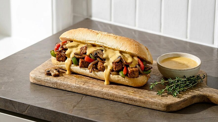 Baguette-Sandwich mit gebratenem Fleisch, Paprika und Pilzen, übergossen mit cremiger Käsesauce; auf einem Holzbrett serviert, daneben eine Schüssel Sauce und Thymianzweige.