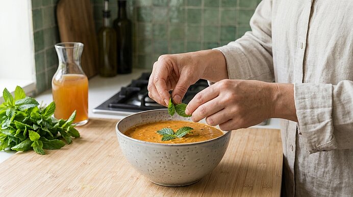 Hände einer Person garnieren eine orangefarbene, cremige Suppe in einer Schüssel mit frischen Minzblättern auf der Arbeitsplatte.