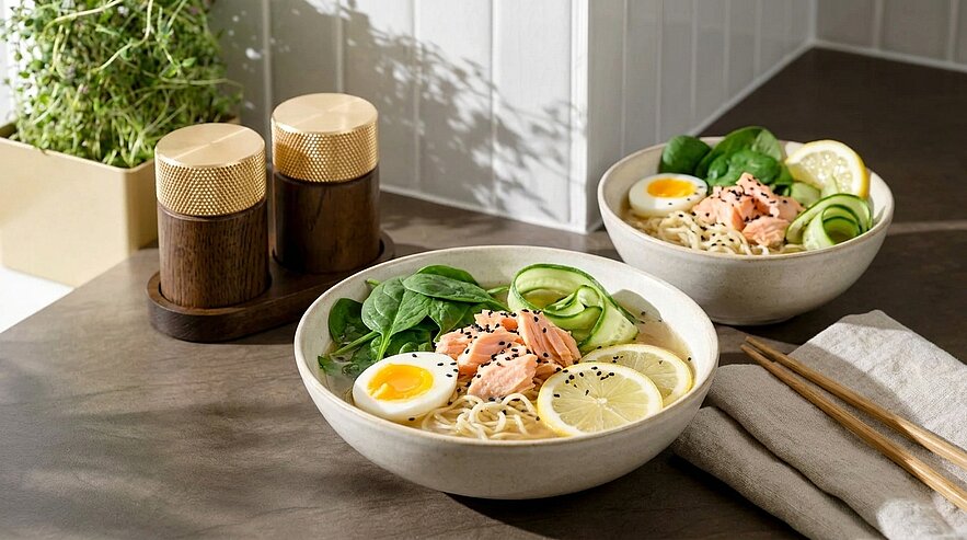Eine Schüssel mit Nudeln, Spinat, Lachs, einem weichgekochten Ei und Zitronenscheiben. Daneben steht eine zweite Schüssel mit ähnlichem Inhalt. Im Hintergrund sind zwei hölzerne Gewürzbehälter sichtbar. Das Gesamtbild vermittelt eine frische, gesunde Mahlzeit.