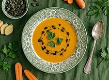 Image of Karotten-Ingwer-Suppe mit Curry & Kürbiskernöl