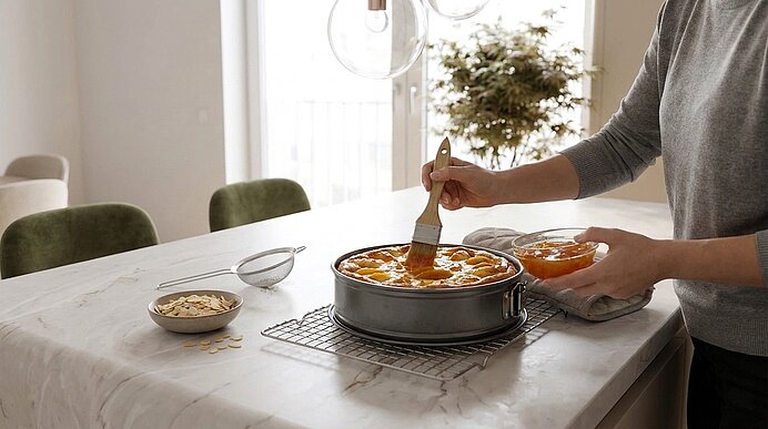 Jemand bestreicht einen runden Kuchen in einer Springform auf der Küchenarbeitsplatte mit Aprikosenmarmelade; daneben stehen kleine Schalen mit Marmelade und Haferflocken.