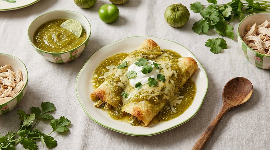 Zwei mit Hähnchen gefüllte Enchiladas auf einem Teller, überzogen mit grüner Salsa, geschmolzenem Käse, einem Klecks Sauerrahm und frischem Koriander.