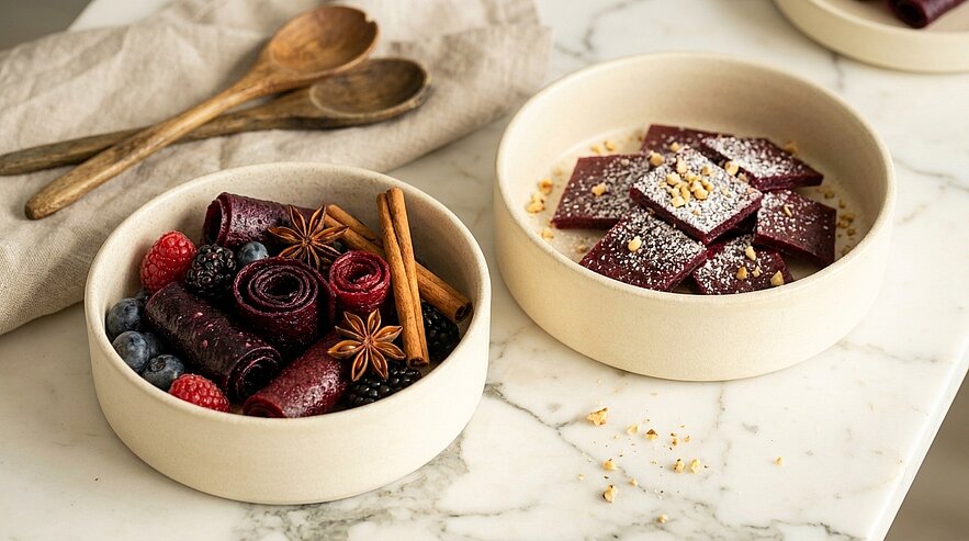 Zwei Schalen mit verschiedenen Früchte-Snacks: Die linke Schale enthält fruchtige Rollen und Beeren, während die rechte Schale viereckige Süßigkeiten mit einer dekorativen Glasur zeigt. Zimtstangen und Nüsse ergänzen die Präsentation.
