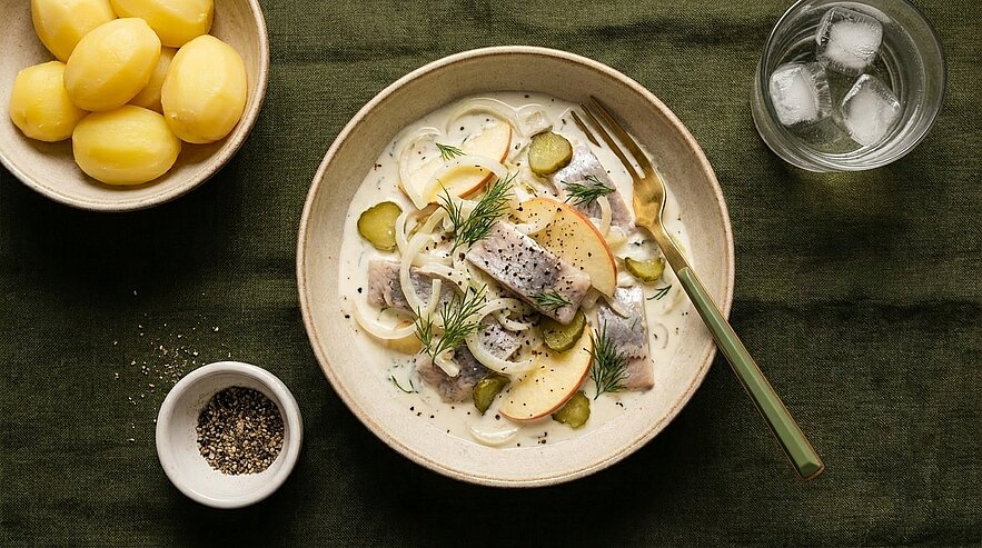 Schale mit cremigem Heringssalat aus Matjes, Apfelscheiben, Gewürzgurken, Zwiebeln und Dill, Gabel darin; daneben kleine Schale mit Salzkartoffeln, Pfeffer im Schälchen und Glas mit Eiswasser.