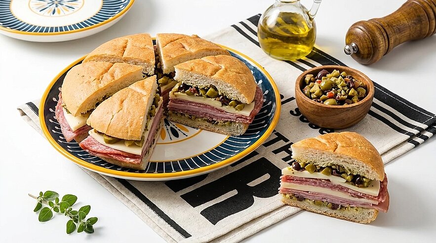 Rund geschnittenes Muffuletta-Sandwich in Viertel, ein Stück separat präsentiert, mit sichtbaren Schichten aus Salami, Schinken, Käse und würziger Oliven-Salatfüllung; daneben Schälchen mit Olivensalat.
