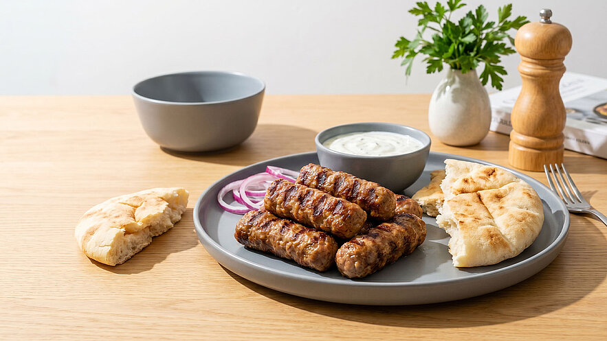 Ein grauer Teller mit gegrillten Würstchen, serviert mit roten Zwiebelringen, Fladenbrot und einer kleinen Schüssel mit Joghurtdip. Im Hintergrund ein graues Schüsselchen und eine Pfeffermühle. Ein frisches Kräuterbündel und eine Zeitschrift sind ebenfalls sichtbar.