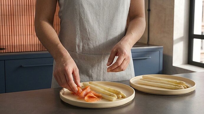 Hände einer mit Schürze bekleideten Person arrangieren auf einer Küchenarbeitsfläche weißen Spargel und Scheiben Räucherlachs auf zwei Tellern.