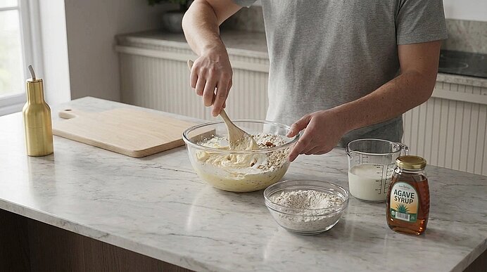 Eine Person rührt mit einem Holzlöffel Teig in einer Glasschüssel auf einer Küchenarbeitsplatte; daneben Schalen mit Mehl, ein Messbecher mit Milch und eine Flasche Agavensirup.