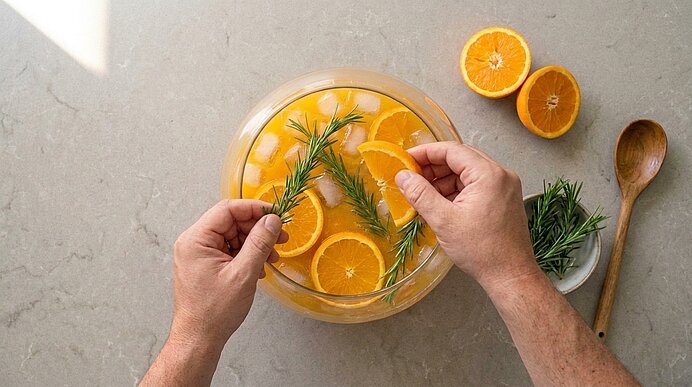 Zwei Hände legen eine Orangenscheibe und einen Rosmarinzweig in eine Bowleschüssel mit Aperol-Bowle.