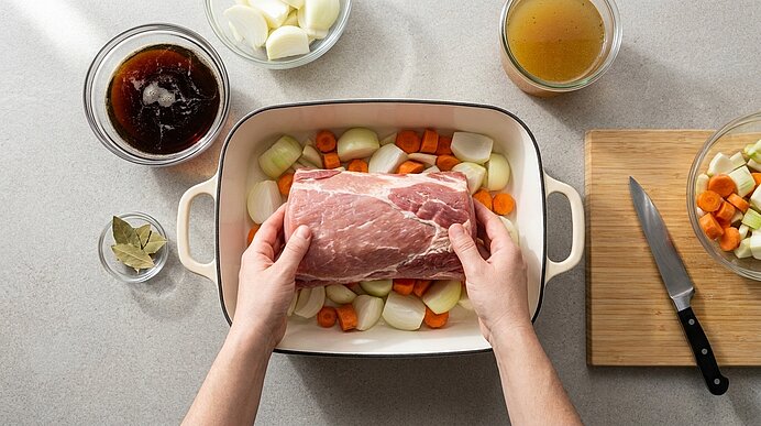 Hände legen einen rohen Schweinebraten auf geschnittene Zwiebeln und Karotten in einer Bratform; daneben Schüsseln mit Brühe, Gewürzen und Knoblauch.