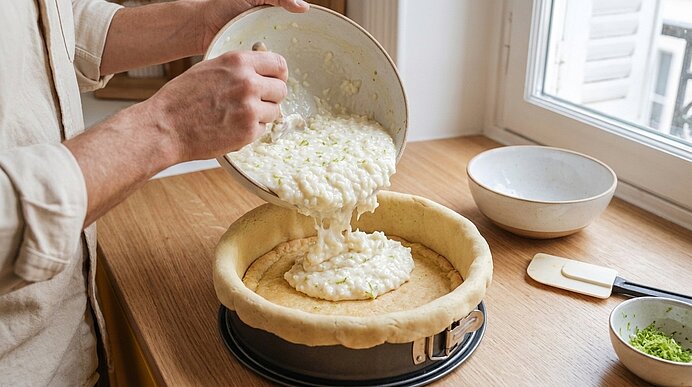 Hände füllen mit einer Schüssel eine cremige Füllung in einen rohen Teigboden in einer Springform, bereit zum Backen.