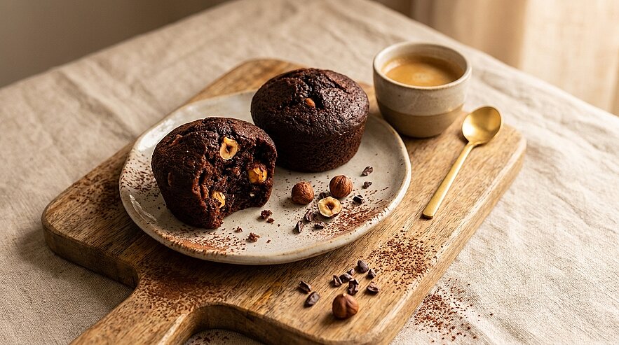 Zwei schokoladige Haselnussmuffins auf einem Teller auf einem Holzbrett, einer aufgeschnitten mit sichtbaren Haselnussstücken; daneben ganze Haselnüsse, Schokostückchen und eine Espresso-Tasse mit goldenem Löffel.