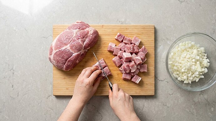 Hände schneiden rohes Schweinefleisch auf einem Holzbrett in Würfel; daneben eine Glasschüssel mit fein gewürfelten Zwiebeln.