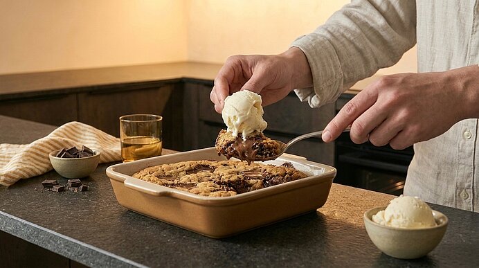 Hände legen eine Kugel Vanilleeis auf einen warmen, frisch gebackenen Schokoladen-Cookie-Auflauf in einer rechteckigen Auflaufform auf einer Küchenarbeitsplatte.