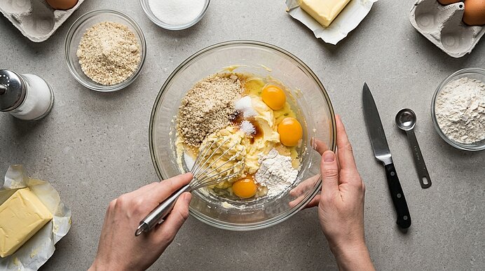 Zwei Hände verrühren in einer Glasschüssel Butter, Eier, gemahlene Mandeln und Mehl mit einem Schneebesen.