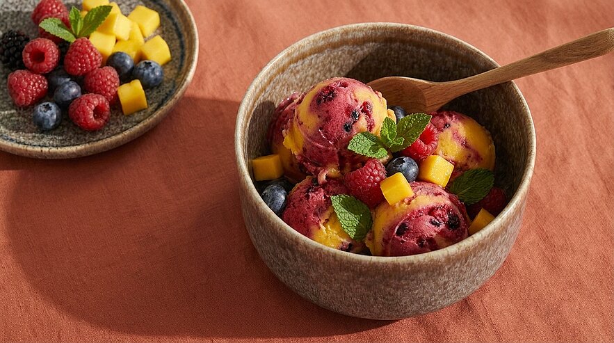 Schale mit drei Kugeln zweifarbigen Mango‑Beeren‑Sorbets, garniert mit Himbeeren, Heidelbeeren, Mangowürfeln, Minzblättern und einem Holzlöffel.