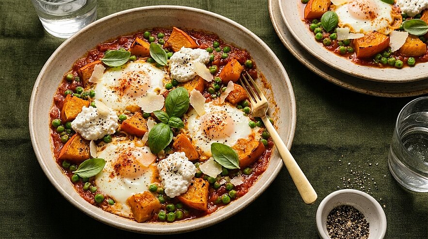 Zwei Schalen mit pochierten Eiern in würziger Tomatensoße, gerösteten Kürbisstücken, grünen Erbsen, Klecksen Ricotta, frischem Basilikum und schwarzem Pfeffer.