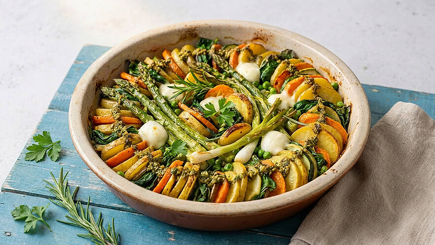 Ein runder Auflauf mit geschichtetem Gemüse, darunter Zucchini, Karotten und Kartoffeln, garniert mit frischem Basilikum-Pesto und kleinen Mozzarellakugeln. Der Auflauf liegt in einer hellen Keramikschale auf einem blauen Holzuntergrund. Grünes Blattgemüse ist ebenfalls sichtbar.