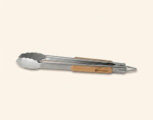 Edelstahl-Zange mit einem Holzgriff, ideal zum Wenden und Servieren von Speisen. Die Zange hat eine praktische Form mit gezahnten Enden, um einen sicheren Halt zu gewährleisten. Sie eignet sich für den Einsatz in der Küche und beim Grillen.