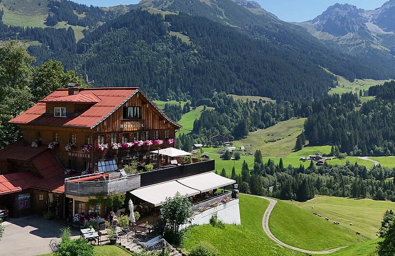 Ein traditionelles Holzhaus mit rotem Satteldach steht malerisch in einer grünen Landschaft. Umgeben von Bergen und Wäldern, erfährt es eine schöne Aussicht. Auf der Terrasse sind Tische und Stühle eingerichtet, und blühende Pflanzen verleihen dem Ort einen einladenden Charme.