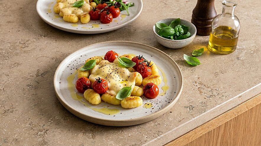 Teller mit Gnocchi in cremiger Sauce und geschmolzenem Käse, garniert mit gerösteten Kirschtomaten, frischen Basilikumblättern und etwas Olivenöl.