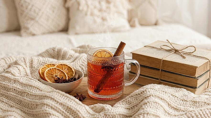 Glastasse mit dampfendem Gewürztee, Zimtstange und Orangenscheibe, daneben Schale mit getrockneten Orangenscheiben und Sternanis sowie zwei verschnürte Bücher auf einer groben Strickdecke.