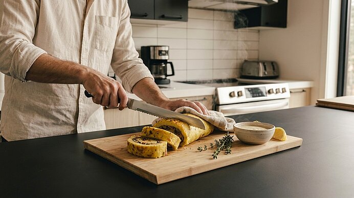 Person schneidet auf einem Holzbrett ein gefülltes Kräuterbrot in Scheiben; daneben liegen frische Kräuter, eine kleine Schale und ein Zitronenschnitz.