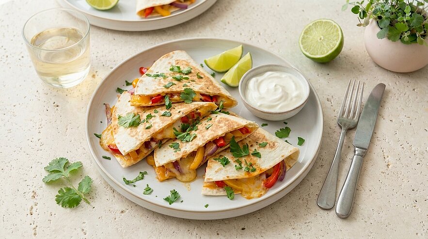Vier gefaltete Quesadilla-Dreiecke mit geschmolzenem Käse und Paprika, garniert mit Koriander auf einem Teller, dazu Limettenspalten und eine Schale saure Sahne.