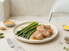 Image of Grüner Spargel und Schweinemedaillons mit Sesambutter