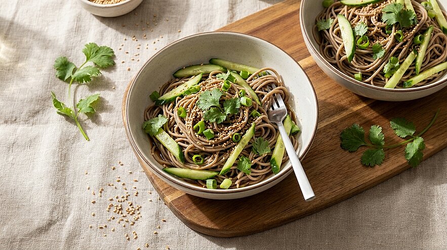 Zwei Schalen Buchweizen-Soba-Nudeln mit grünen Spargelstücken, Frühlingszwiebeln, frischem Koriander und Sesam; in einer Schale steckt eine Gabel.