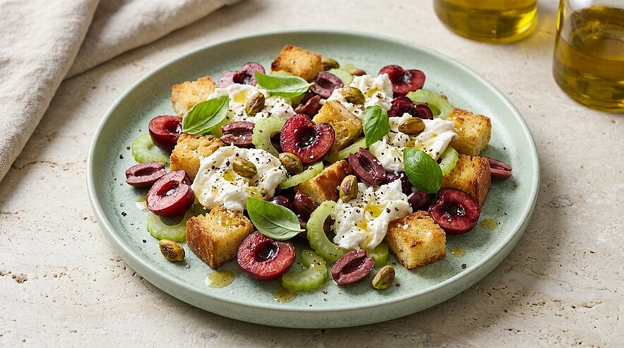 Teller mit Burrata, halbierten Kirschen, goldenen Croutons, grünen Scheiben, Pistazien und Basilikumblättern, leicht mit Olivenöl und frisch gemahlenem Pfeffer beträufelt.