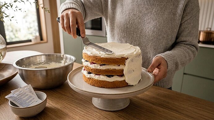 Hände bestreichen einen dreilagigen Biskuitkuchen auf einer Tortenplatte mit weißer Buttercreme; zwischen den Schichten sichtbare Beerenfüllung, Schüssel mit Creme daneben.