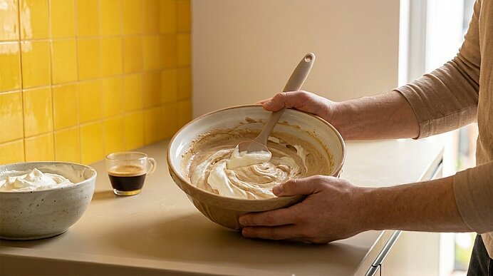 Hände einer Person rühren mit einem Spatel cremigen Teig oder Kaffeecreme in einer großen Schüssel; daneben Schüssel mit Schlagsahne und eine kleine Espressotasse.