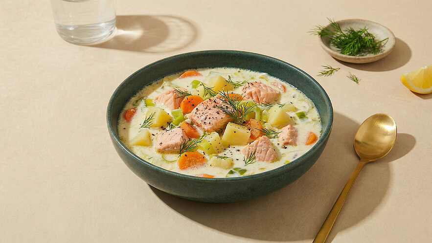 Eine grüne Schüssel mit cremiger Suppe, die Lachs, Karotten und Kartoffeln enthält. Frischer Dill ist darüber gestreut. Neben der Schüssel steht ein Glas Wasser und eine kleine Schale mit Dill sowie ein Stück Zitrone.