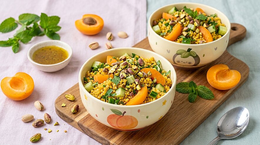 Zwei Schalen mit Couscous-Salat, garniert mit Aprikosenstücken, gehackten Pistazien und frischen Kräutern, auf einem Holzbrett, daneben Dressing und Aprikosenhälften.