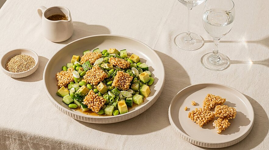 Große Schale mit gewürfeltem Avocado- und Edamame-Salat, bestreut mit Sesam und belegt mit knusprigen, gepufften Reis-Clustern; daneben kleiner Teller mit weiteren Clustern und ein Kännchen Dressing.