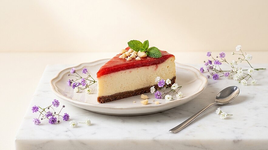 Ein Stück Käsekuchen auf einem eleganten Teller, mit roter Fruchtschicht oben und dekoriert mit Minzblättern und gehackten Mandeln. Der Kuchen steht auf einem marmorierten Untergrund, umgeben von kleinen, bunten Blumen. Ein Löffel liegt daneben.