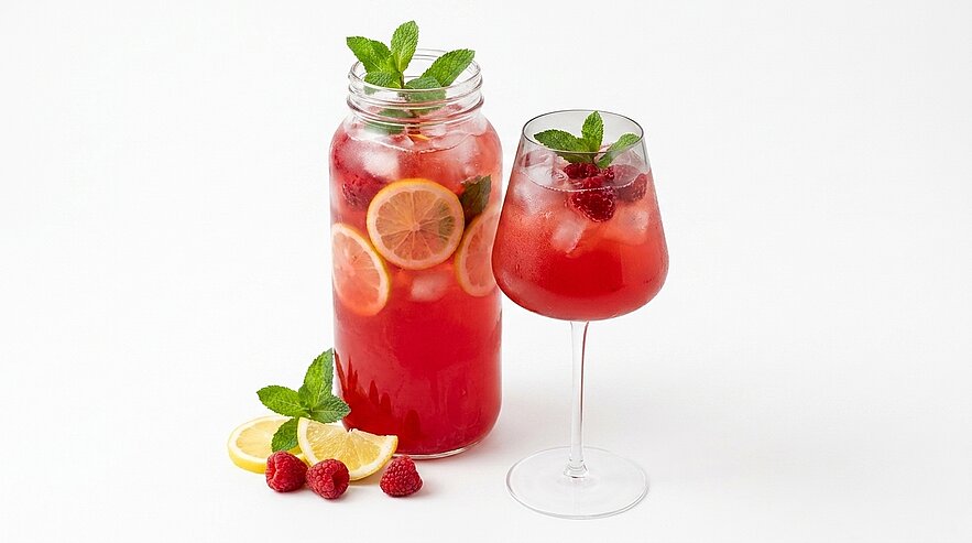 Karaffe und Weinglas mit rosa-roter Himbeer-Zitronenlimonade, garniert mit Zitronenscheiben, frischen Himbeeren und Minzblättern; einige Zitronenscheiben und Himbeeren daneben.