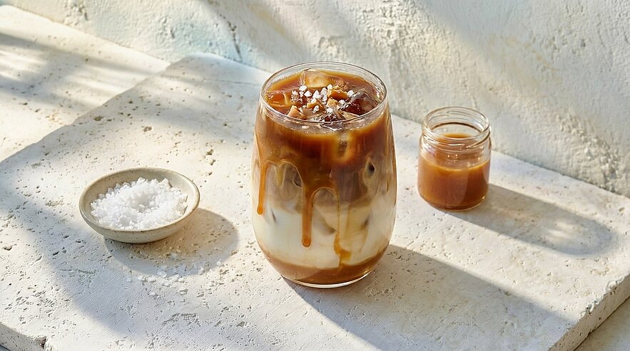 Glas Eiskaffee/Caramel Latte mit geschichteter Milch, Espresso, Eis und Karamellsauce, daneben kleines Glas Karamellsauce und Schale mit grobem Meersalz auf hellem Steinuntergrund.