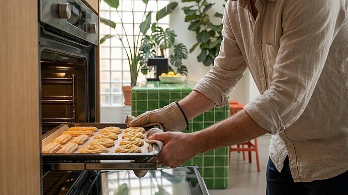 Person schiebt ein Backblech mit frisch gebackenen Keksen in einen offenen Backofen in einer hellen Küche.