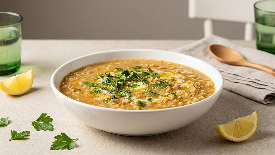 Eine große Schüssel mit goldener Suppe, verziert mit frischem grünen Koriander und Dill. Neben der Schüssel liegen Zitronenscheiben und ein Holzlöffel auf einem hellen Untergrund. Im Hintergrund stehen zwei grüne Gläser.