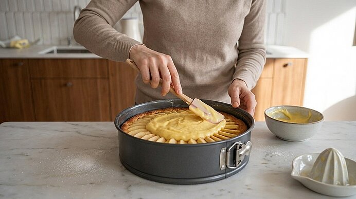 Eine Person bestreicht in einer Küche in einer Springform eine Tortenbasis mit dicht geschichteten Obstscheiben mit gelber Creme, mit einem Spatel.