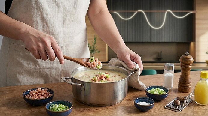 Eine Person in Schürze schöpft mit einem Holzlöffel Garnelen und Frühlingszwiebeln in einen Topf cremiger Suppe; kleine Schälchen mit Garnelen, Frühlingszwiebeln, Salz, Pfeffer und Zitrone stehen auf der Arbeitsfläche.
