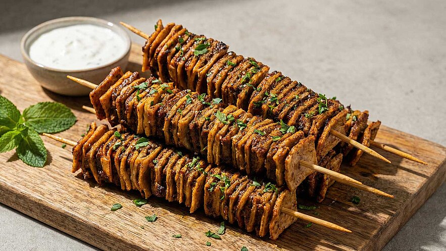 Gegrillte Spieße mit mariniertem Fleisch, geordnet auf einem Holzbrett, garniert mit frischen Kräutern. Daneben eine kleine Schüssel mit Joghurtsauce. Das Gericht präsentiert sich appetitlich und ansprechend.